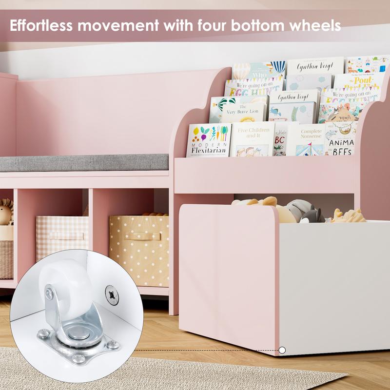 HOSTACK 67" Reading Nook with Bench Bookshelf  with Seat Cushion & 6 Storage Cubbies Toy Storage Box on Wheels Furniture Organizer Organization Organizing,Black Friday，Christmas gifts
