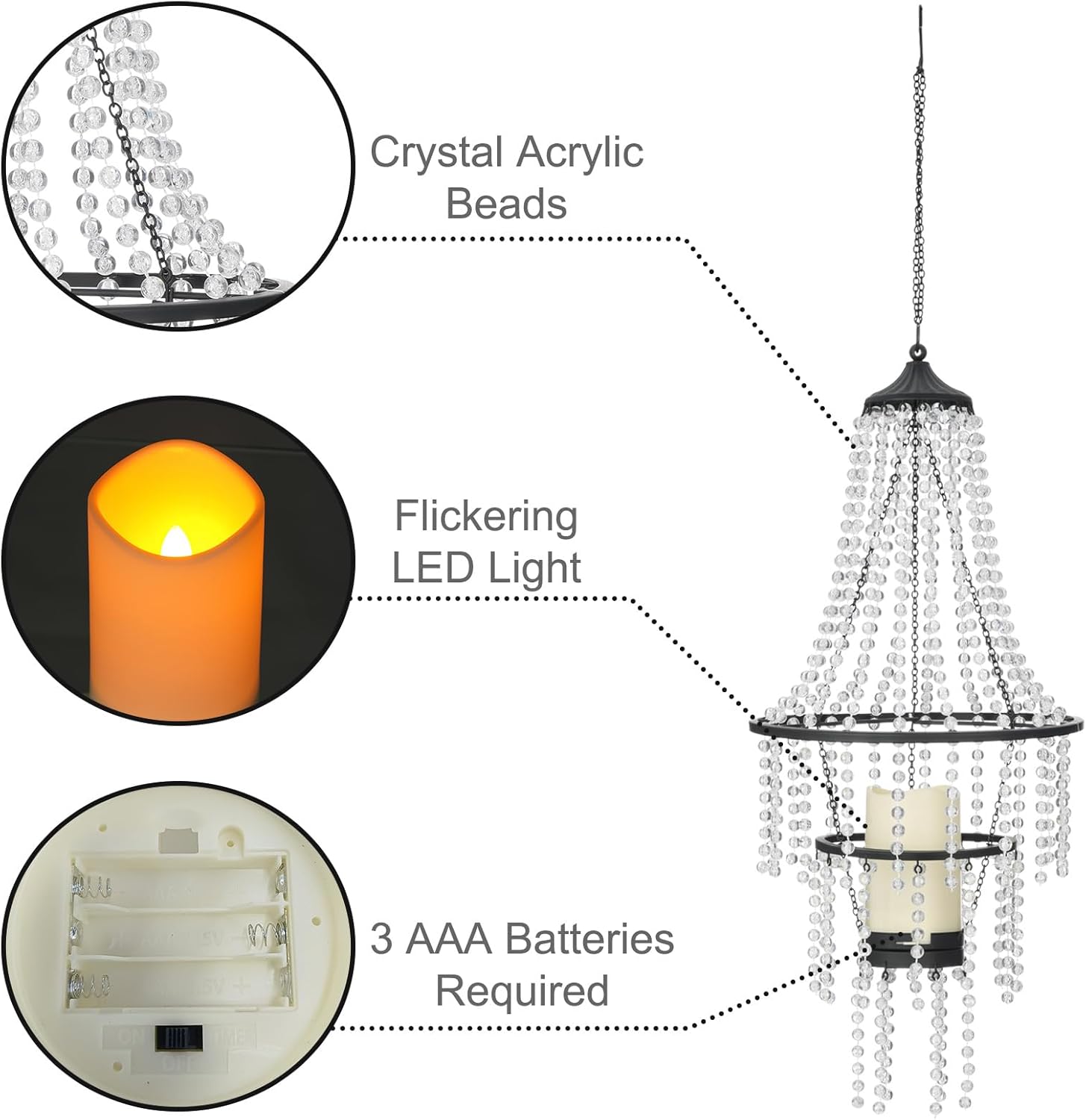 Hanging Candle Chandelier Outdoor,  Operated Clear  Beaded Chandelier with Flickering Led Candle Light S Hooks Modern Lantern for Garden Yard Patio Gazebo Room Indoor Decorations, 28H