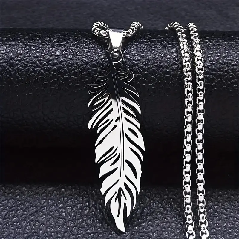Silver Bohemian Feathered Necklace - Stainless Steel Leaf Pedant