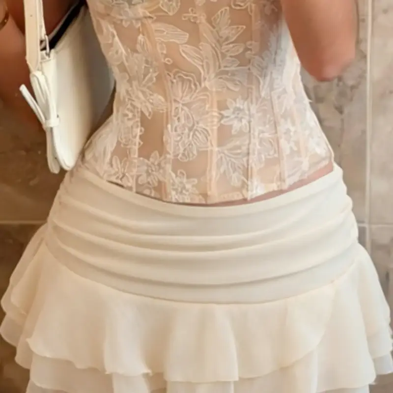 French Sexy Chic Plain Waist Ruched Asymmetrical Hem Skirt, Summer Chiffon Ruffled Layered Cake Short Skirt, Elegant Sweet Style with Lining, Beach Holiday Skirt, Ruffled Skirts