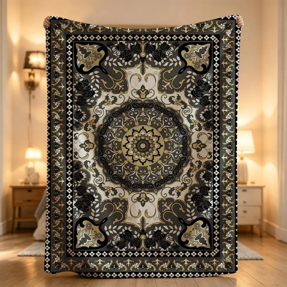 Elegant black floral ornamental medallion vintage royal decorative symmetrical intricate luxurious Flannel blanket, sofa leisure blanket, bed blanket, Plush Throw Blanket,Cozy Soft Lightweight Blanket,Boho Decorative Throw Blanket