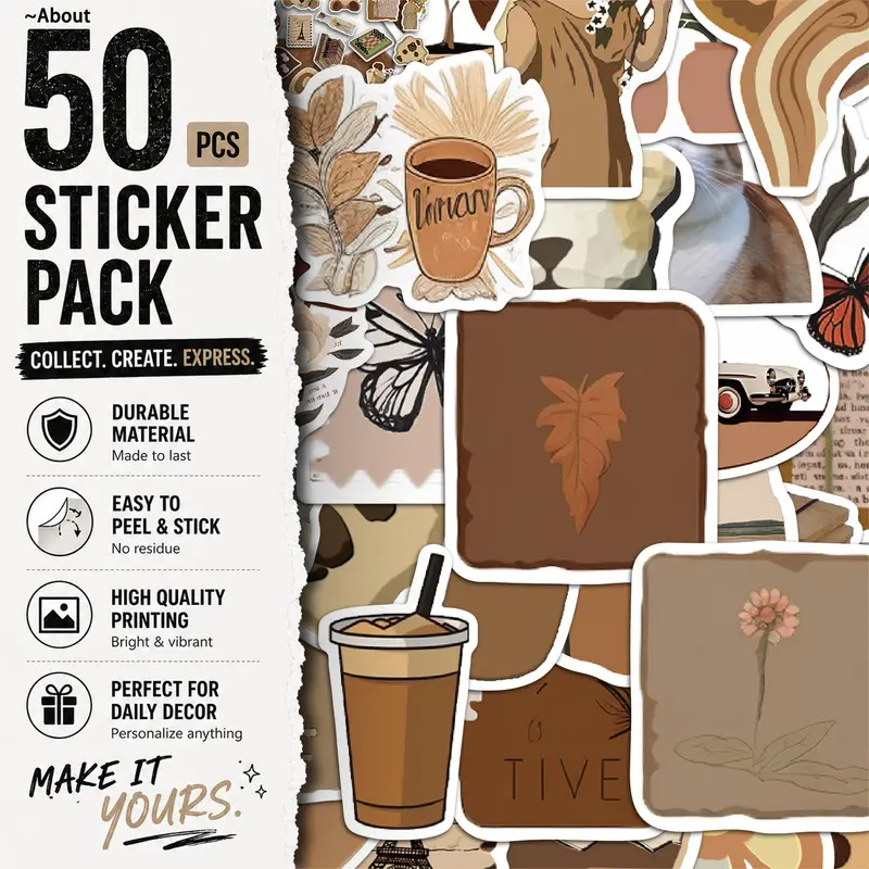 50pcs*5packs Ins Brown Aesthetic Vinyl Stickers Pack for Laptop Water Bottle Phone Case Skateboard Journal Scrapbook DIY Decoration