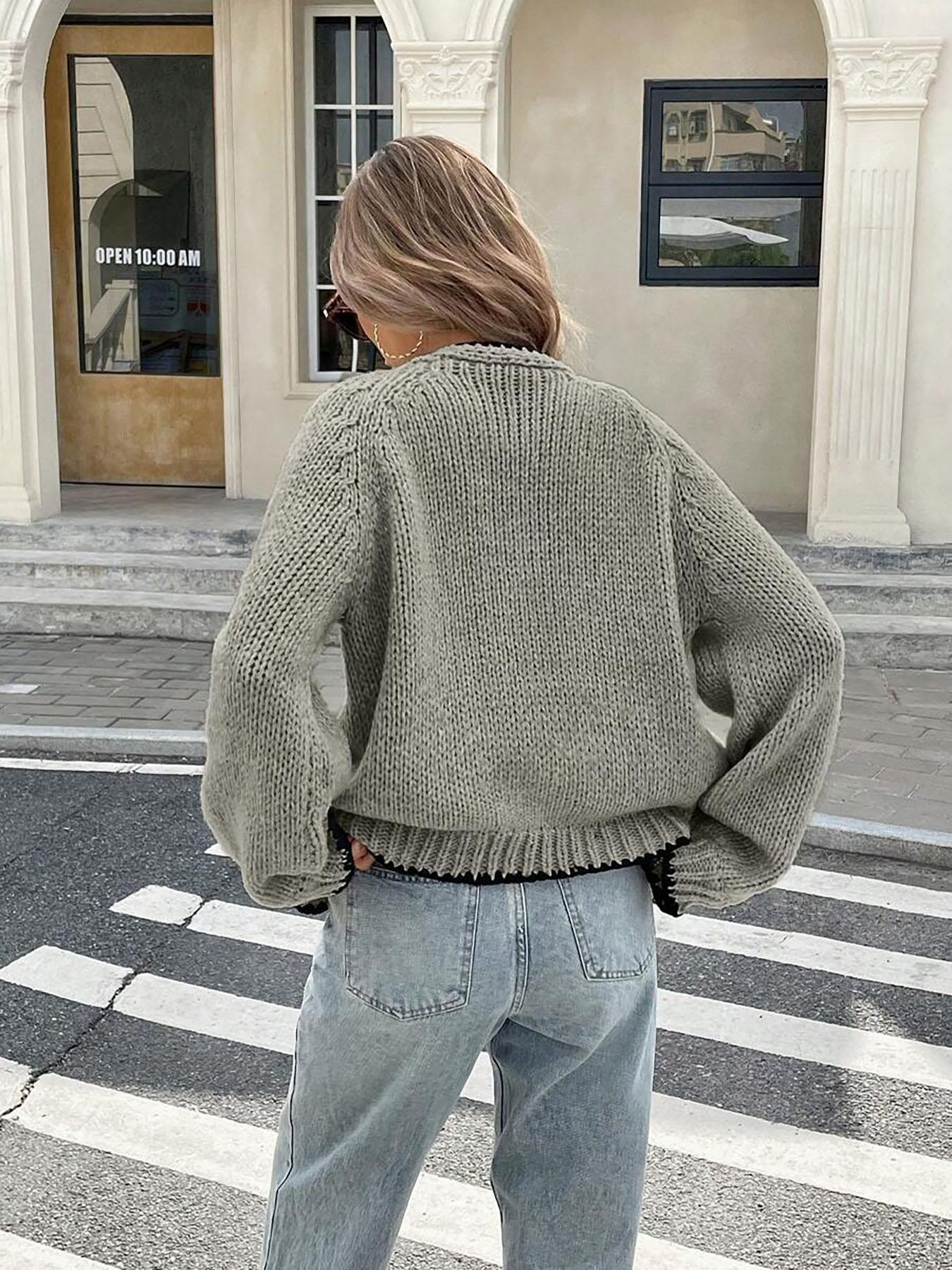 New Contrast Color Knitted Cardigan with Self-Tie Long Sleeves, Stylish Casual Knit Sweater Jacket for Women, Unique Design for Everyday Looks