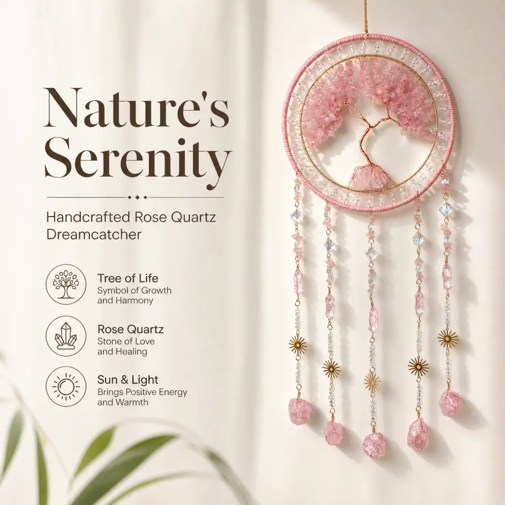 Pink Rose Quartz Crystal Tree of Life Dream Catcher, Handmade Gemstone Wall Hanging Decor, Aesthetic Boho Macrame Rainbow Beaded Suncatcher Ornament for Bedroom, Living Room and Garden Home Decor