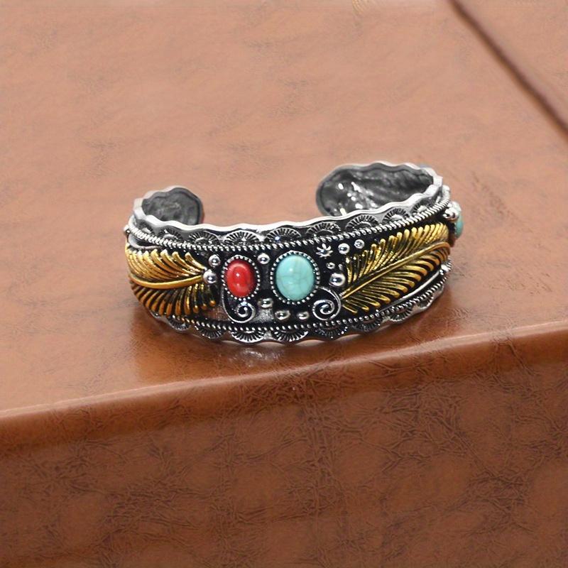 Vintage Geometric Carved Cuffs, Bracelets, And Iron Accessories With Imitation Turquoise Inlaid Bohemian Style Christmas. Alloy