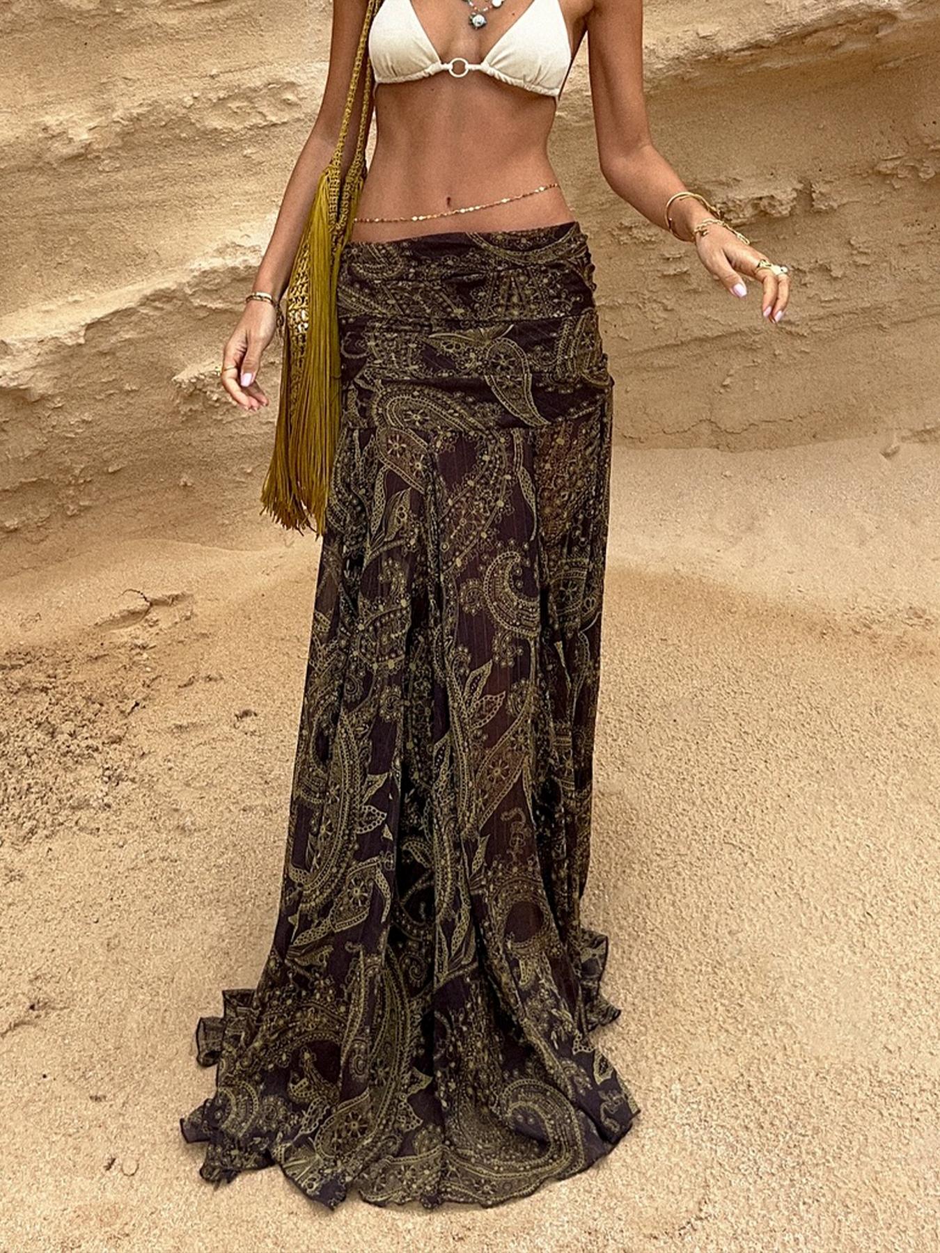 Vintage Mesh Print Fitted Long Maxi Skirt, Bohemian Vacation Style Half Skirt, Elegant Women's Fashion for Spring & Summer, Bottoms