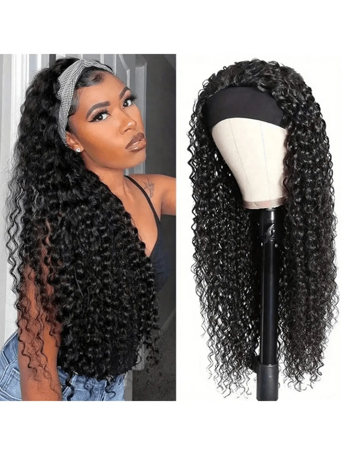 Headband Wig Deep Wave Human Hair Wigs Virgin Hair Brazilian Remy Hair Glueless Non Front Wig For Women Wear And Go Wigs Deep Curly Wave Headband Wig (28 Inch, Natural Color)