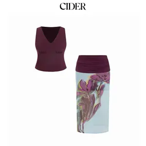 Cider Mesh V-neck Tank Top & Mid Rise Floral Ruched Split Pencil Maxi Skirt Set Curve & Plus