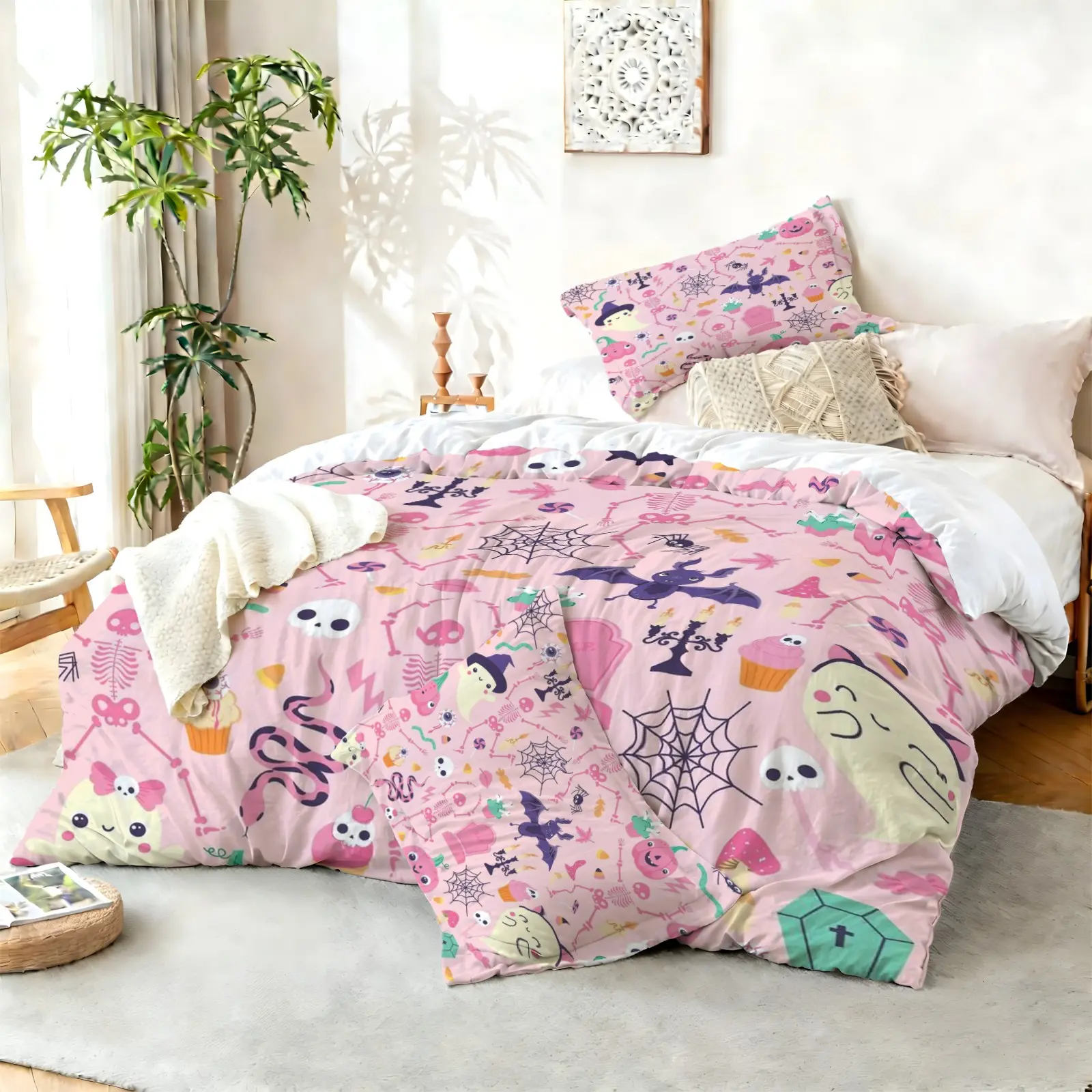 2/3Pcs Cute Pink Halloween Ghost Pumpkin Duvet Cover Set, Comforter Cover, No Filler Bedding Set for Girls Bedroom & Dorm, HD Digital Print, Creates Soft Sweet Girly Halloween Atmosphere