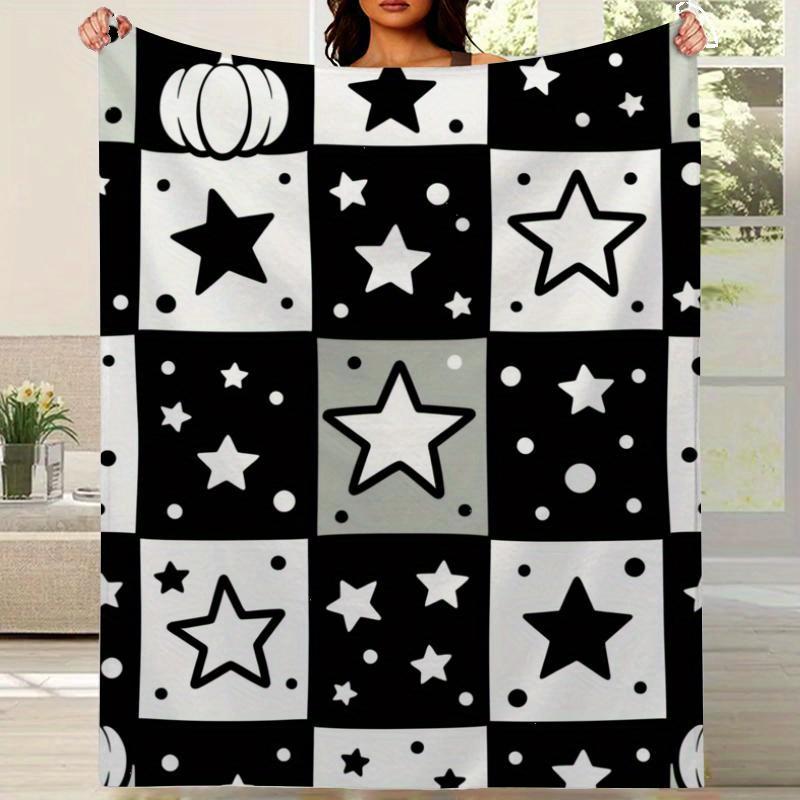 Comfortable Black & White Star Print Flannel Blanket - Soft Year-Round Bedspread with White Polka Dots and Large Gray Stars, Cozy Bedding for Movie Nights and Rooms - Thick Durable Fabric (No Embellishments)