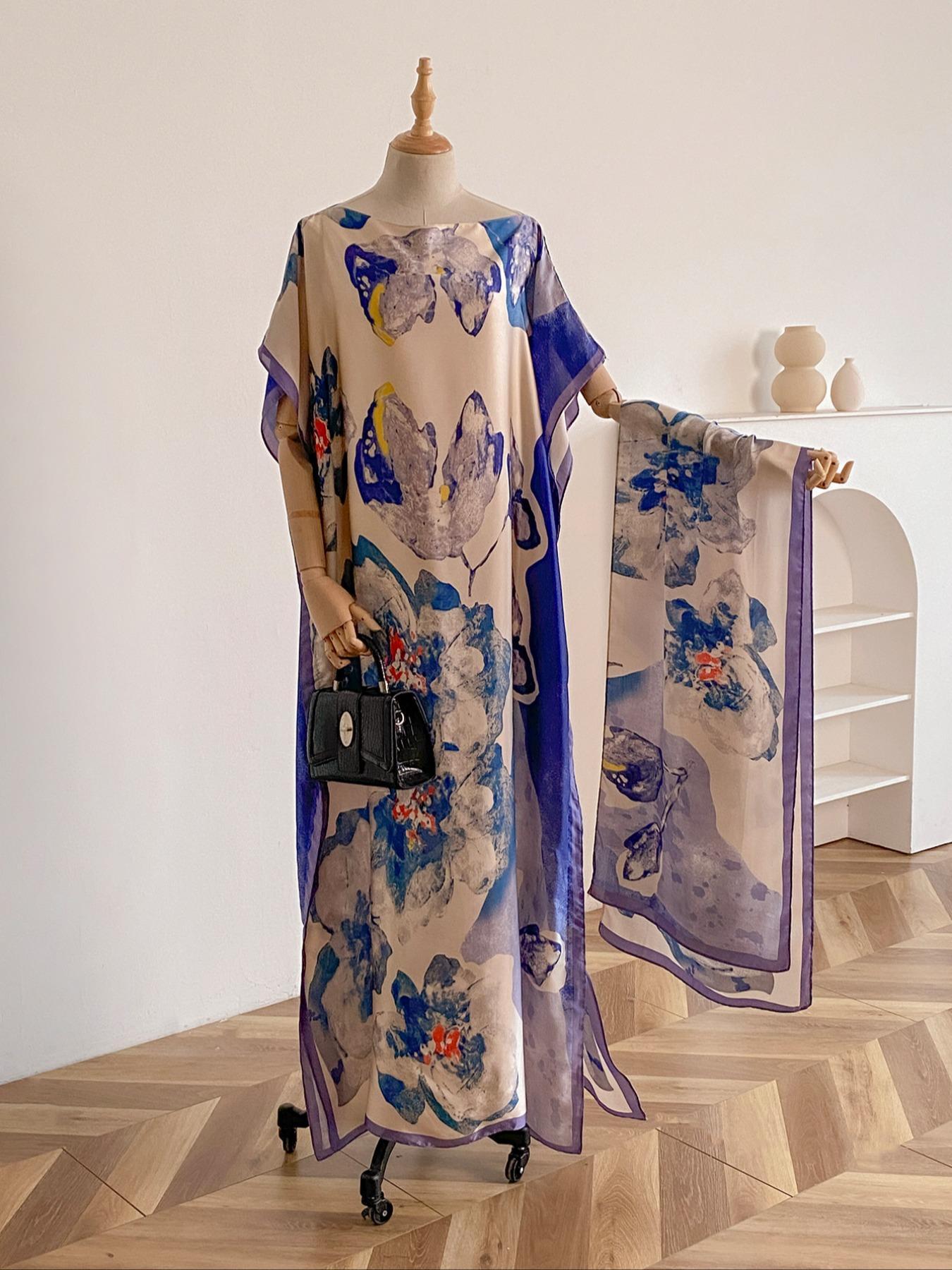 Women's Floral Print Long Sleeve Cape Shawl & Scarf Set, Elegant Casual Silk Scarf & Shawl Set for Beach Vacation, Boho Style Shawl, Fashion Accessories for Women