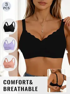 3 Pack Jelly Wireless Seamless Bra For Women, Seamless Breathable Soft Cups, Scallop Edge Adjustable Straps, Gentle Support Push Up Shaping, Versatile Bra For Home & Commute