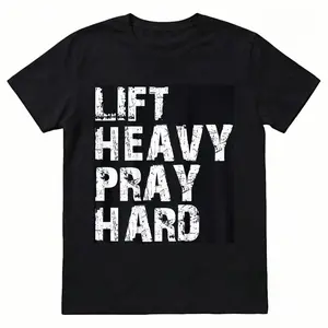 Printed Tee - "Lift Heavy Pray Hard" Christian Gym T-Shirt, Motivational Faith-Based Streetwear