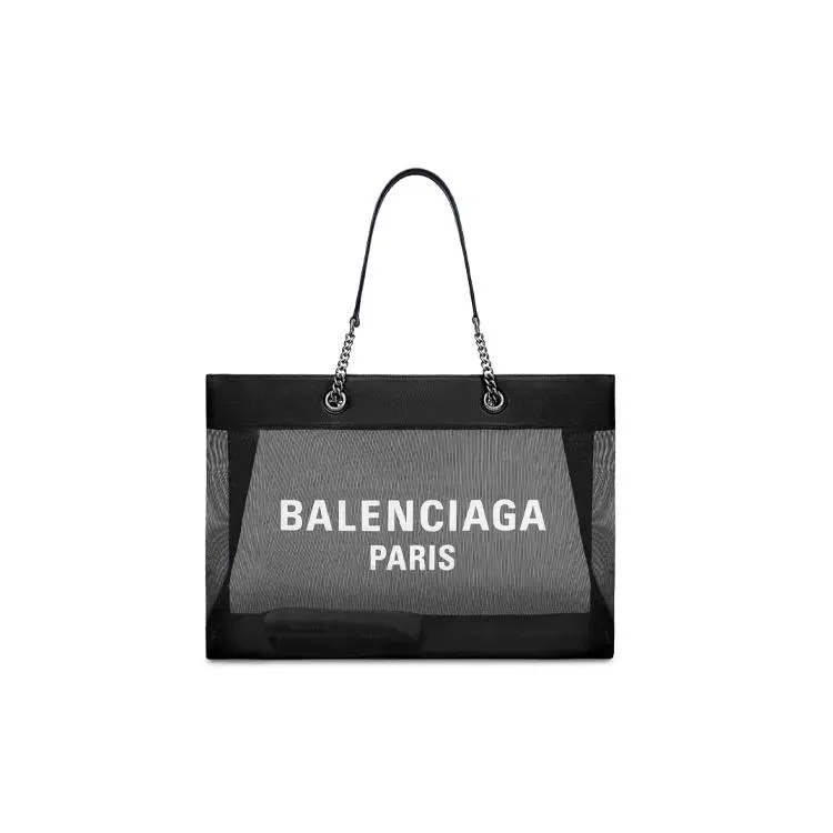 Balenciaga Distressed Silver Hardware Logo-Printed Mesh Tote Bag for Women, Large Black