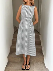 French Style Casual Round Neck Sleeveless Striped Long Dress for Women, Ruched Waist Slimming A-Line Midi Dress for Office and Vacation