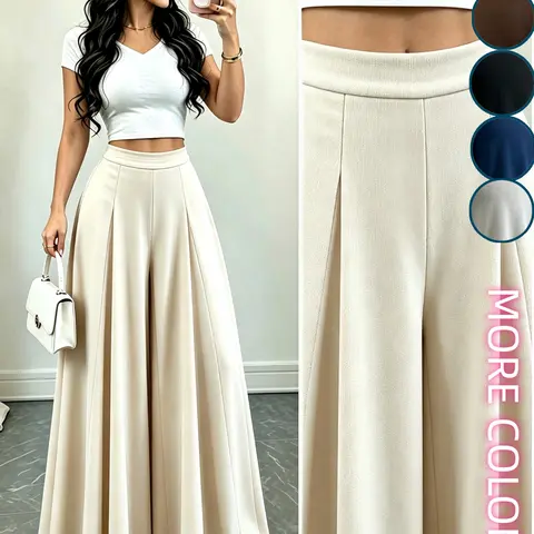 High-Waisted Elastic-Waist Pants, Basic All-Season Design, Elegant Casual Fit Pants for Commuting
