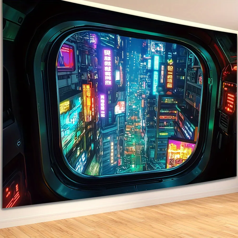 Futuristic Polyester Cyber City Night Scene Rectangular Wall Tapestry - 1pc 2D Flat Banner Backdrop, Hand-Sewn Edge, Wrinkle-Resistant Durable Long-Lasting Synthetic Home Supplies, High Color Fastness Indoor Wall Decor, Festive Party Supply, Creative Gift