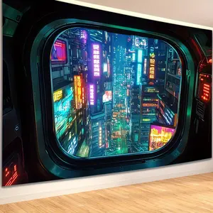 Tapestry 2D flat banner, 1pc Cyber City Night Scene Background Cloth, Living Room, Bedroom, Office, Party Decoration, a perfect creative giftZXJ