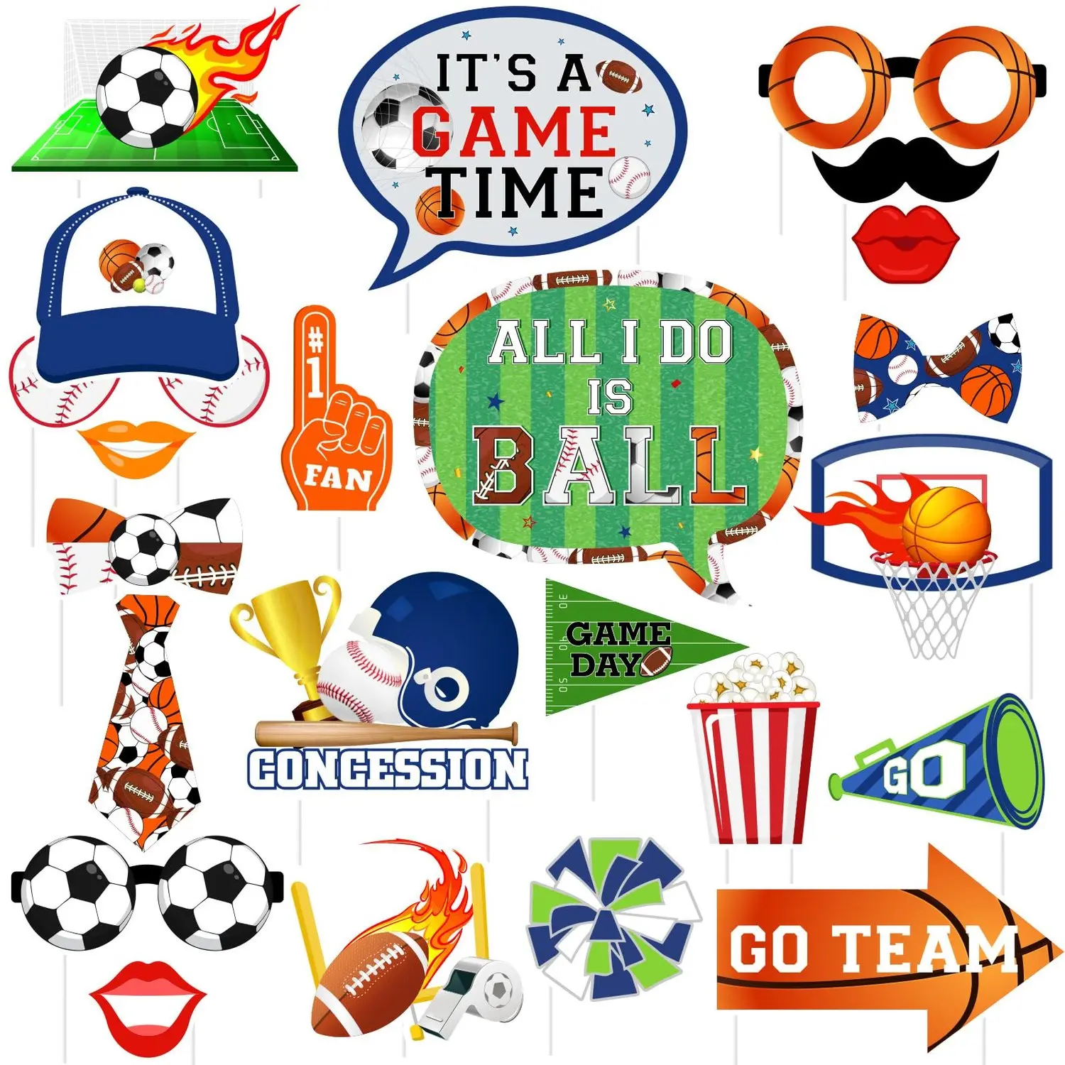 1Set Sports Photo Booth Props 24pcs Sports Party Decorations Basketball Soccer Football Touchdown Party Supplies Photo Props Decoration Game Day Sports Theme Supplies for Birthday Baby Shower