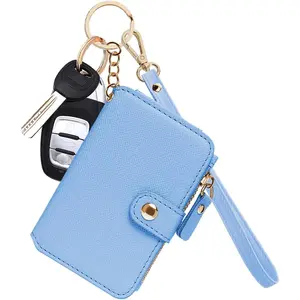 Wallet, Womens card Holder Leather Keychain Wallet With Zipper Coin Pocket ID Window Wrist Strap Gift Box (Sky Blue)