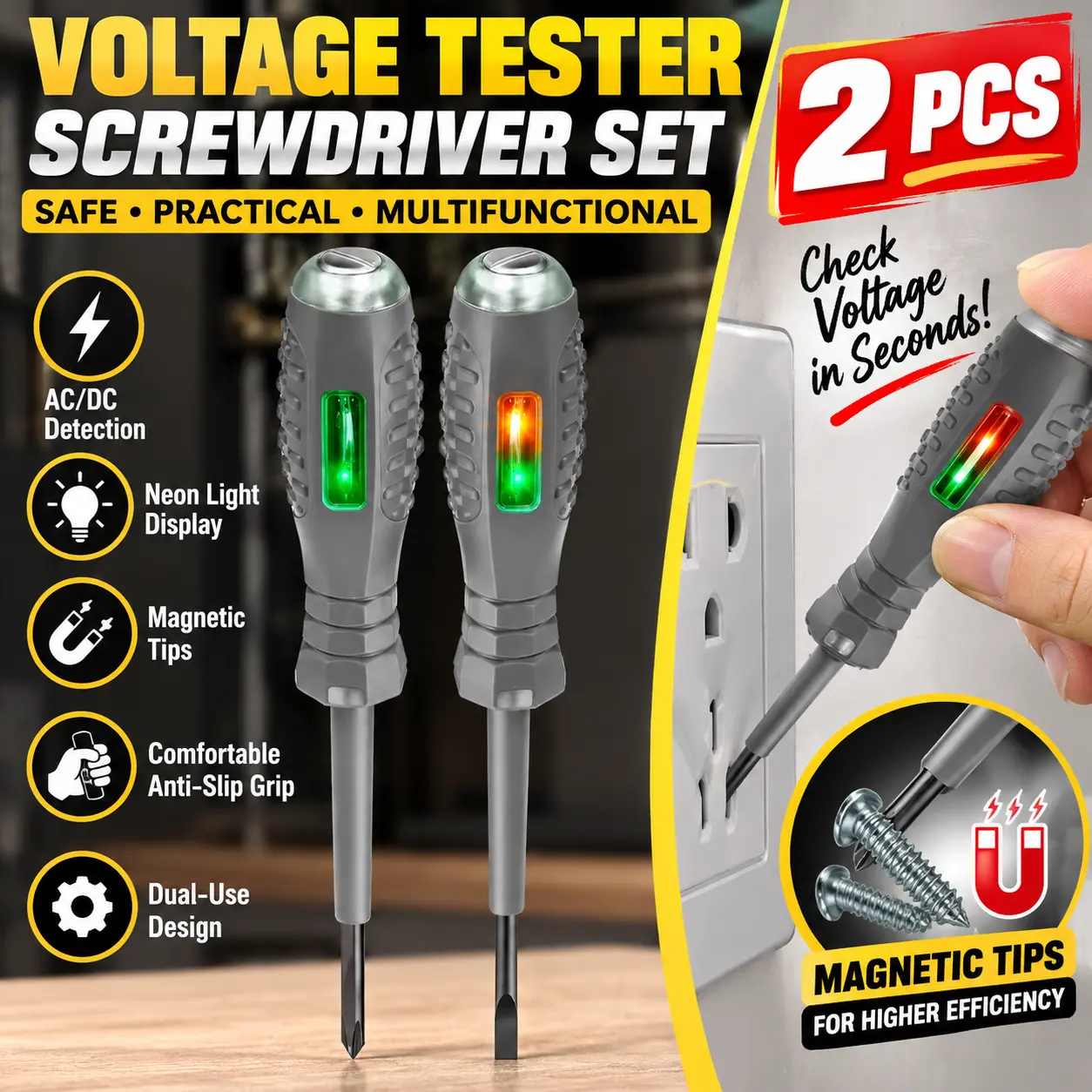 2-Piece Magnetic Voltage Testing Screwdriver Kit, Multifunctional Electrical Circuit Tester Tools with Built-In Neon Light Display, Dual-Purpose Screwdriver Design, Comfortable Anti-Slip Grip & Magnetic Screwdriver Tips, Portable Electrician Hand Tools fo