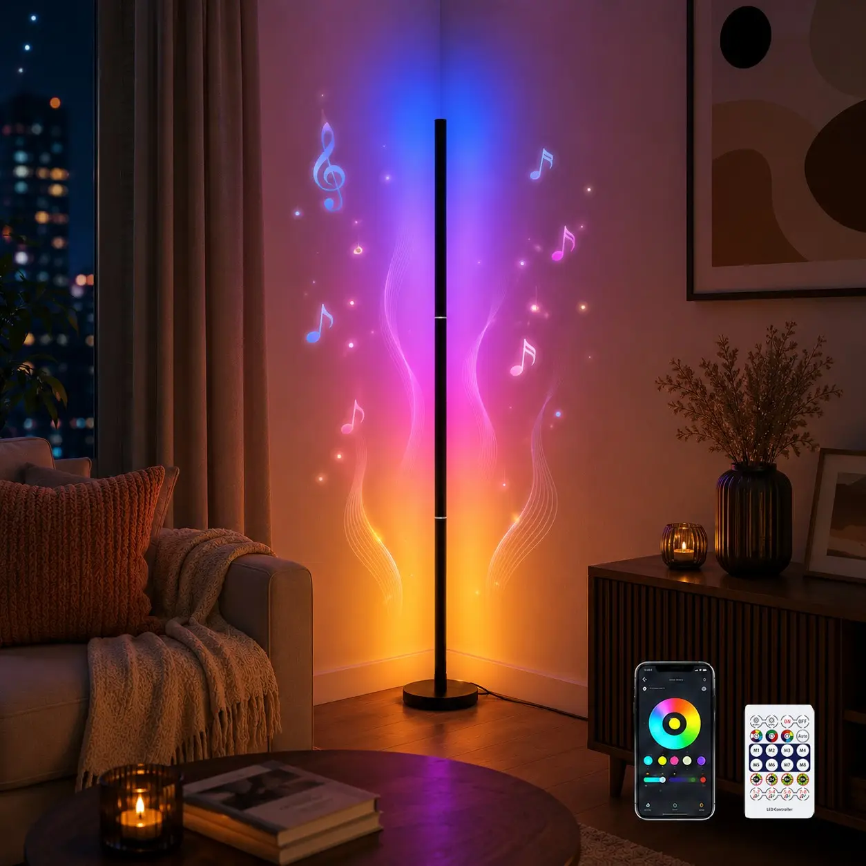 RGBICW Corner Floor Lamp, Smart Color Changing LED Standing Light with App Control, Remote, Music Sync, DIY Colors and Scene Modes for Bedroom, Living Room, Game Room and Home Office