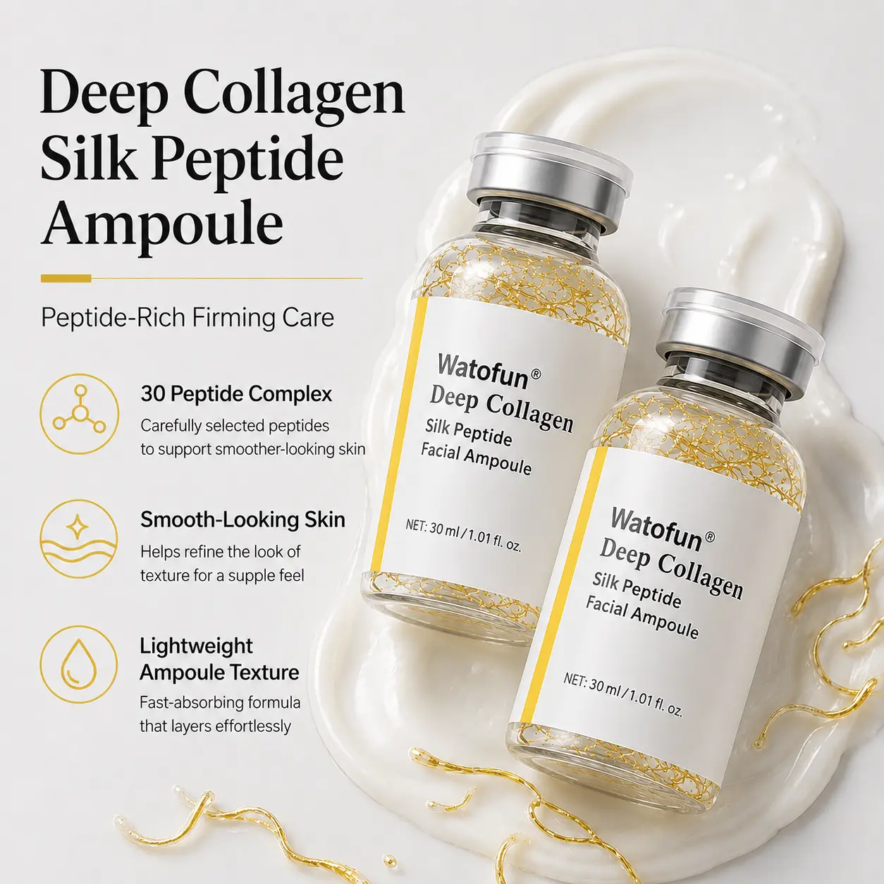 [Watofun] Fragrance-Free Silk Lifting Peptide Ampoule (30ml*2) - Korean Anti-Aging Serum, Wrinkle Care, At-Home Face-Lift, Plump Skin, Smoothing, Deep Collagen Treatment, Non-Toxic, Anti Age Boost, Natural Anti-Wrinkle Serum Daily Evening