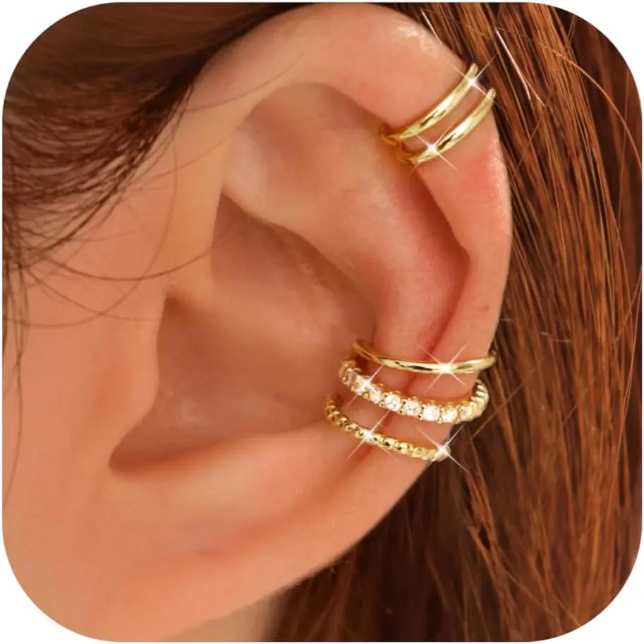 4 Pairs Ear Cuffs Non  - 14K  Plated Ear Cuff Earrings for Women Ear Cuff for Non Pierced Ears Clip  Cartilage Earring Adjustable  Earrings Set