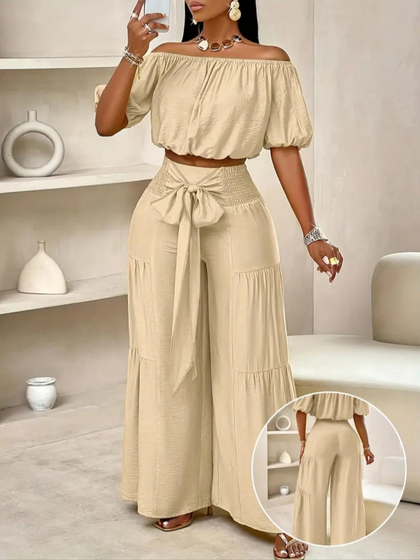 Women's Solid Off Shoulder Crop Top & Wide Leg Pants Set, Casual Breathable Lightweight Fashion Cozy Baggy Top & Trousers for Daily Outdoor Wear, Ladies Clothes for Summer, Womenswear, Two Piece Outfits for Women