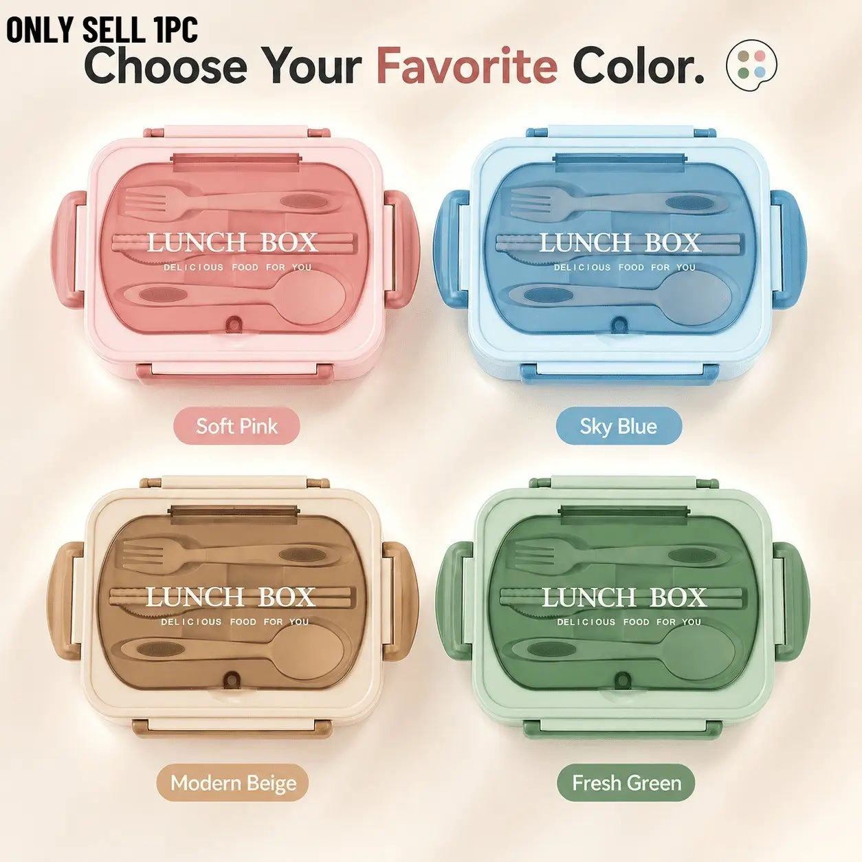 1Pc Leak‑Proof Divided Lunch Box with Utensils Set, Food‑Grade PP Food Container, 4‑Snap Lock Sealing Lid, 4 Trendy Colors, Lightweight Easy‑to‑Clean Bento Box for School Students, Office Commuters, Outdoor Picnic and Travel Meal Prep Storage