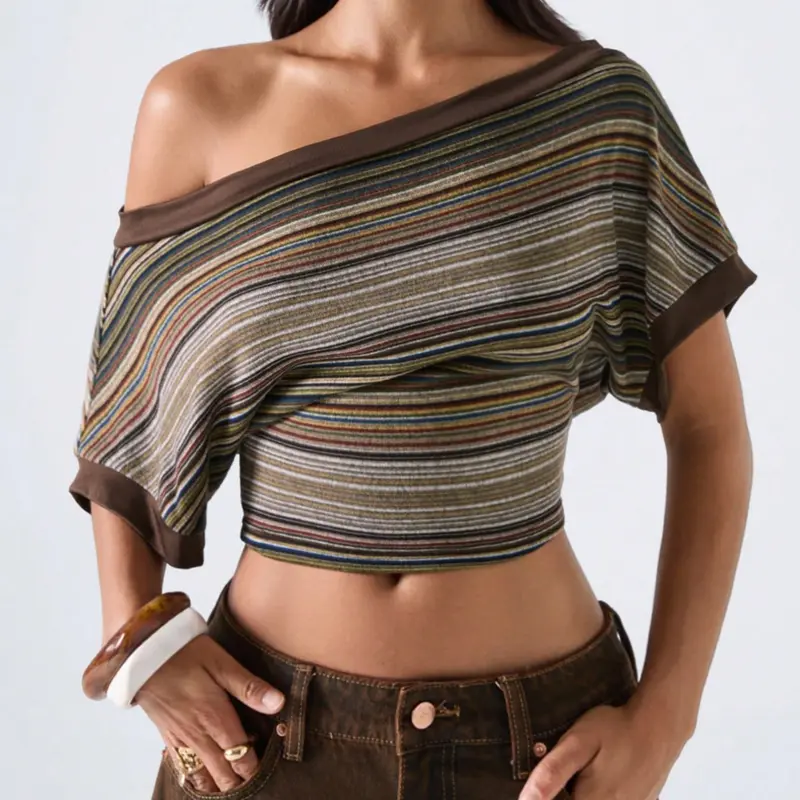 Women's Brown Striped Color-Blocked Asymmetrical Shoulder Casual Streetwear Street Style Y2k Versatile Everyday Top, A Summer Essential.