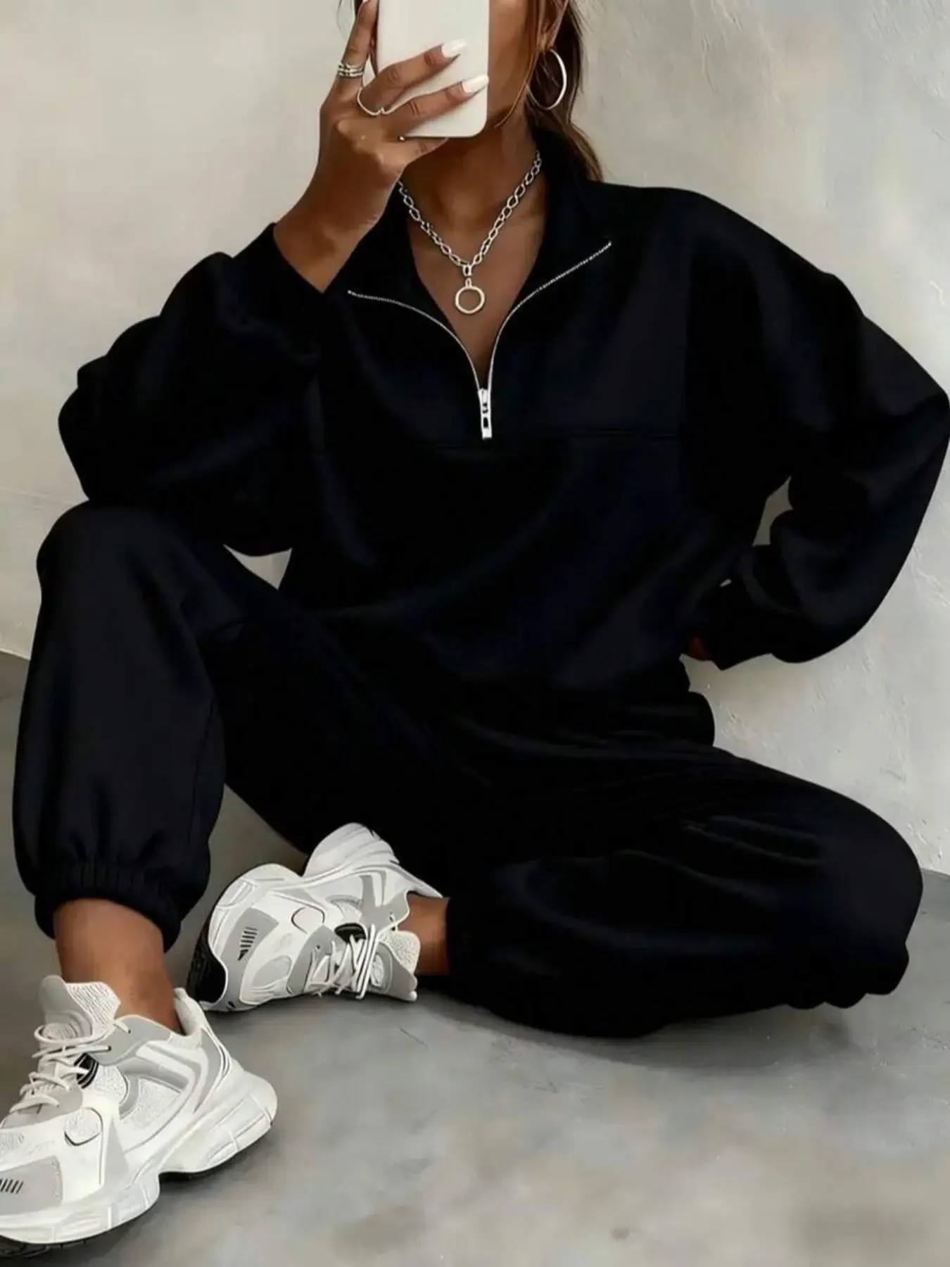 Women's 2-Piece Sportswear Set, Thick Soft Fabric, Half-Zip Standing Collar Sweatshirt + Elastic Waist Pants, Fall & Winter