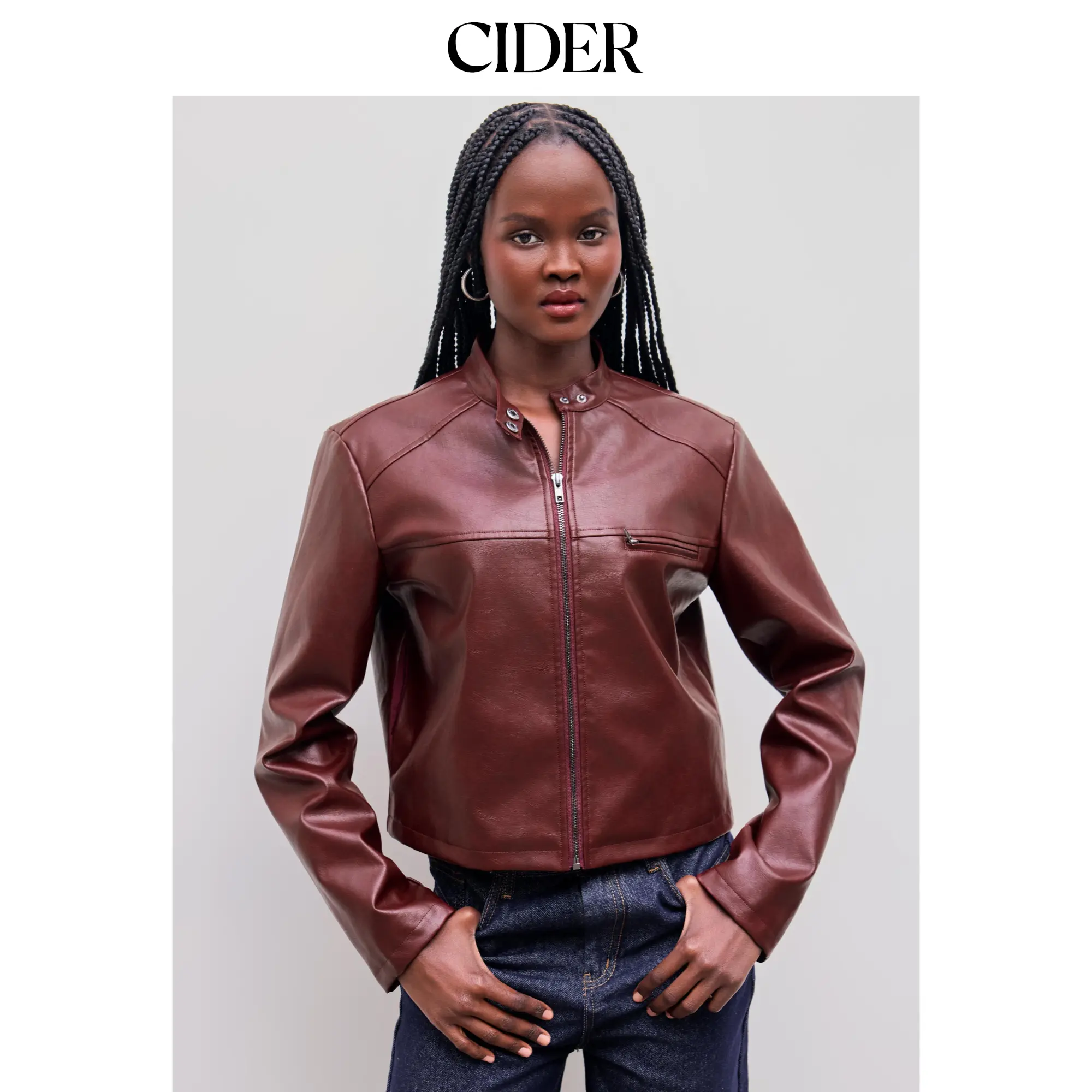 Cider [size 2-26] Faux Leather Stand Collar Solid Zipper Pocket Biker Jacket