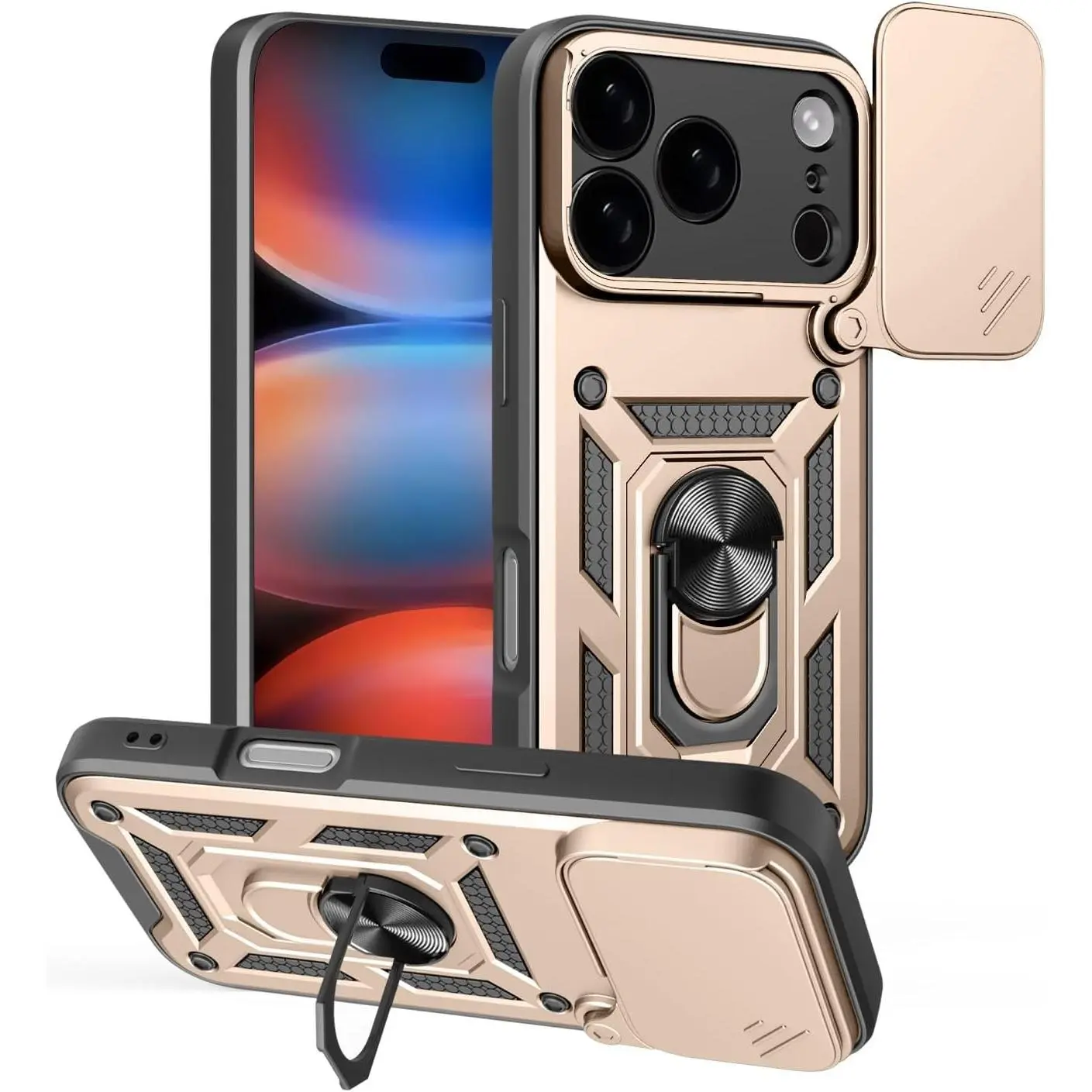 TPU+PC Armor Shell,Phone Cases for iPhone 17 Pro Max 16 15 14 13 12 11 Pro Max with Slide Camera Lens Protection Cover,Practical Stand Case, with Camera Protector, Unisex, Military-Grade Protective Case