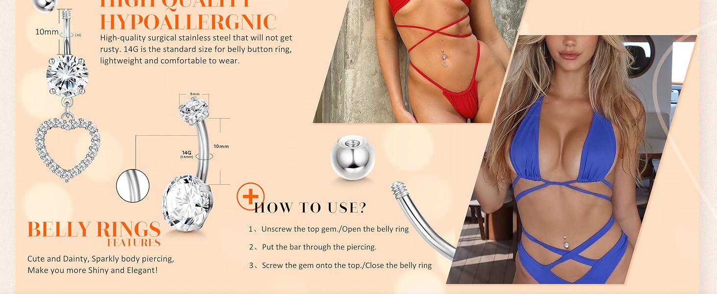 2025 Trendy Summmer Hypoallergenic 14G Dangle Belly Button Piercing Rings  Cute CZ Flower/Butterfly/Heart Designs Surgical Steel Navel Jewelry for Women