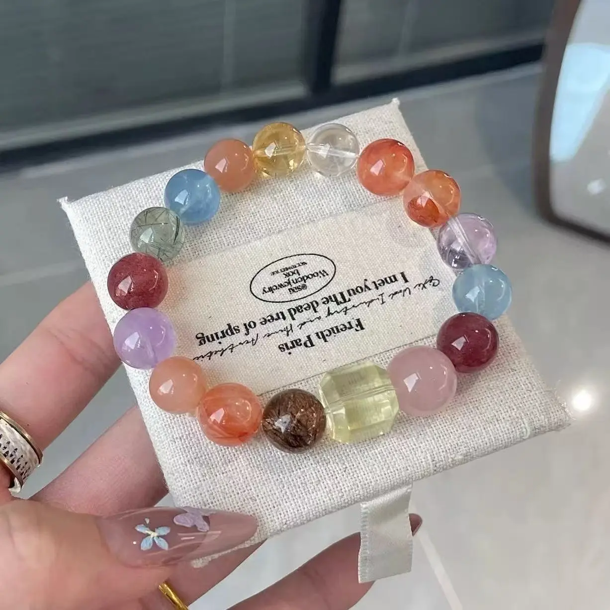 Streetwear Natural Crystals Bracelet with Geometric Faceted Cube Beads, Hand-Strung Dopamine Palette Jewelry, Unisex Collectibles for Daily Casual Outfits, Adults