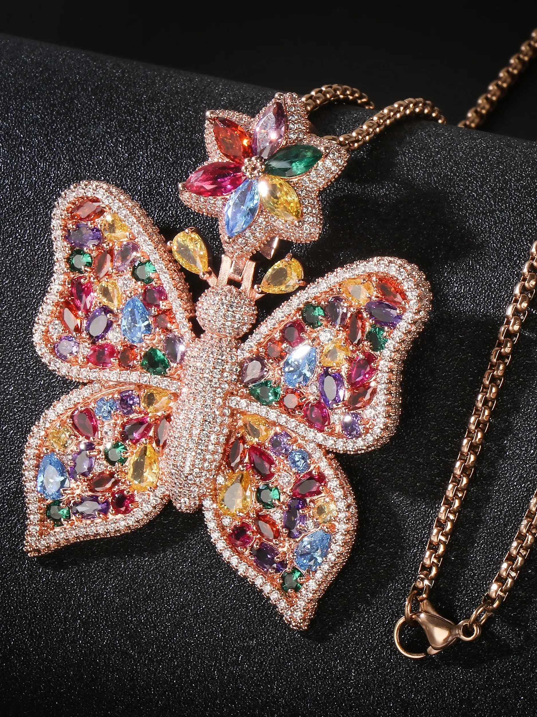 Ultimate Bling Butterfly Pendant, Colorful 5a Cz Hip Hop Necklace, 60cm Steel Chain Included, Stylish Jewelry for Women