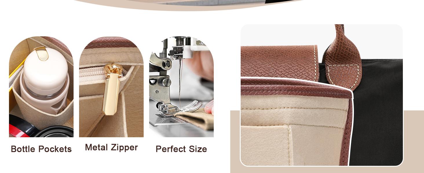 Felt Purse Organizer Insert for Longchamp Le Pliage Bag, Handbag Leather edge Longchamp Organizer Insert with Cup Holder Tote Organize(Black, Large)
