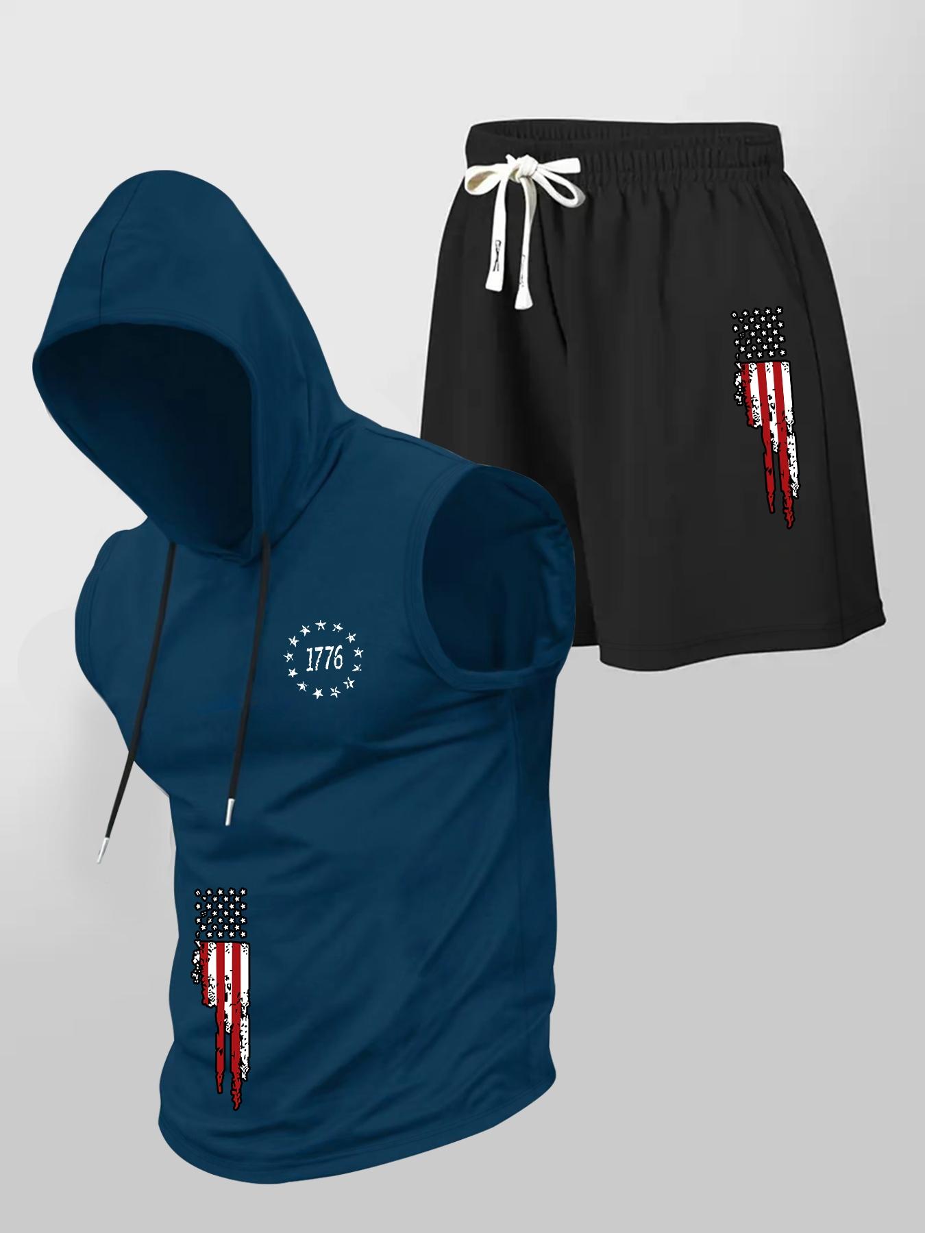 Men's Summer Casual Set, Hooded Sleeveless Vest & Drawstring Shorts, Sporty Style, Breathable Fabric, Outdoor Wear, 2 Pieces Pack