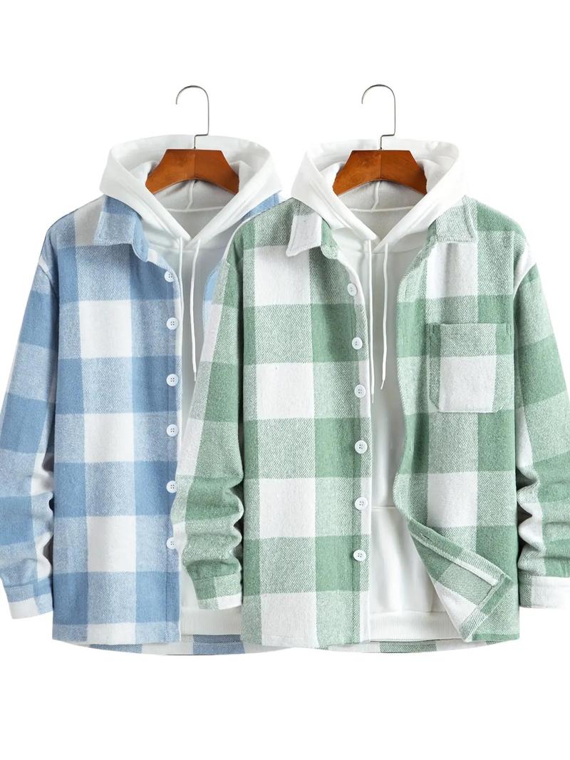 Men's Plaid Print Button Front Jacket without Hoodie, Loose Casual Drop Shoulder Long Sleeve Collared Outerwear for Fall & Winter, Men's Clothes for Daily Wear