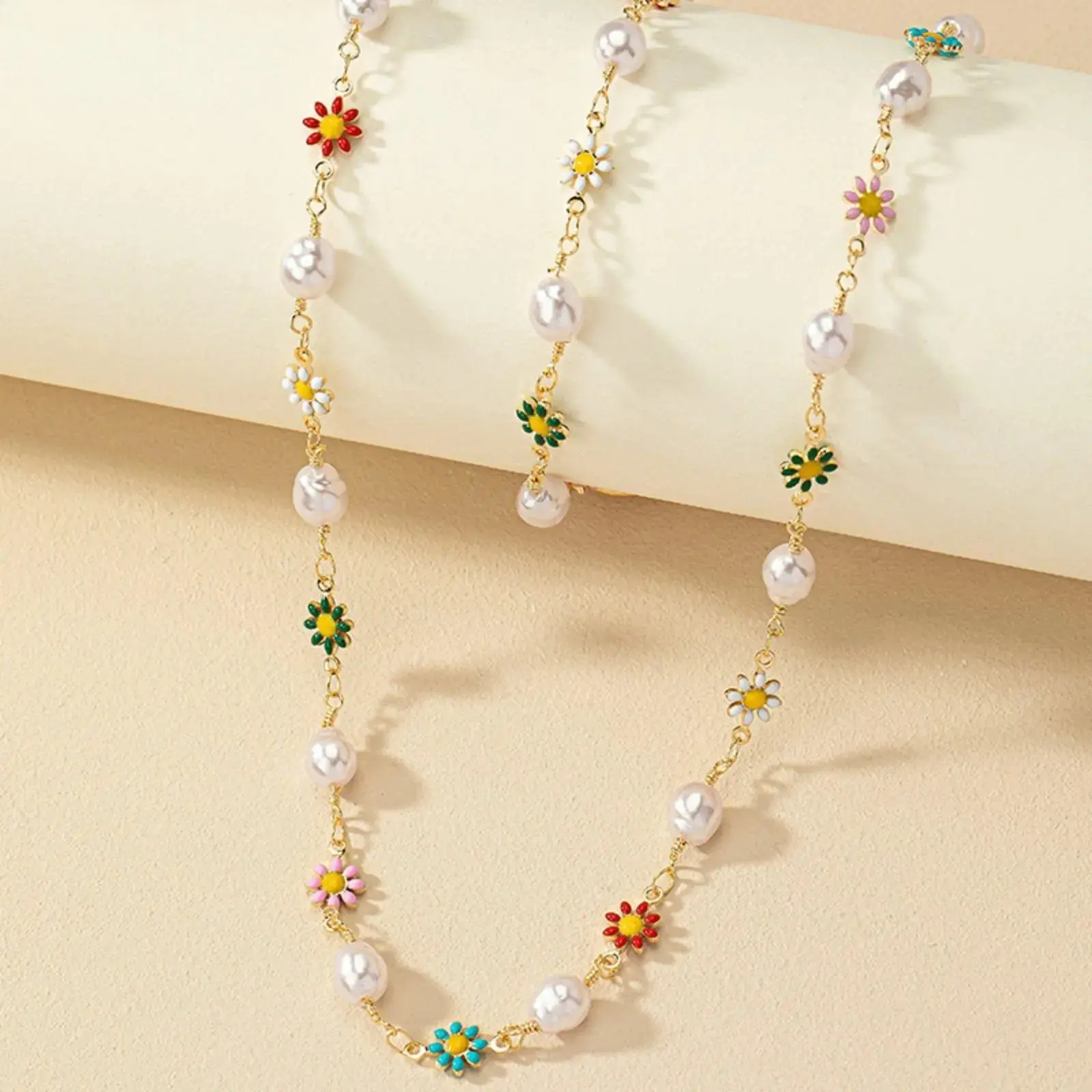 Women's Colorful Daisy & Simulated Pearl Beaded Chain Necklace & Bracelet, Elegant Minimalist Floral Design For Daily Commute, Casual Wear & Sweet Outfit
