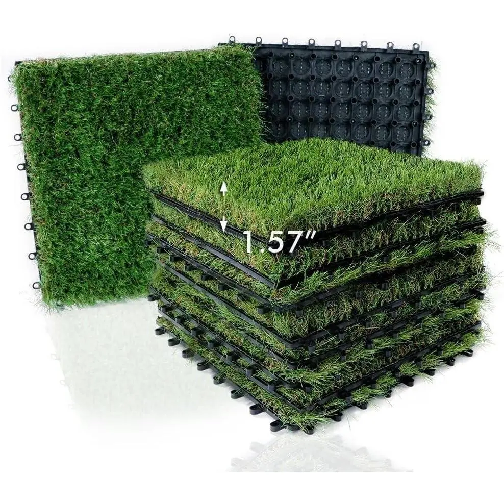 Artificial Grass Tiles Interlocking Outdoor Turf 12"x12" 9 Pack | 40mm Realistic Fake Grass Squares Mat for Balcony Patio Deck Flooring Playground with Drainage Waterproof, Pet Dogs Potty Pad