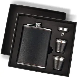 Flask  Set,  Flasks for  for Men with Black Leather Cover, 8 Oz  Flask Set, 18/8 Stainless Steel  Flasks for  with 2 Cups & Funnel, Flasks for  for Men  Box1