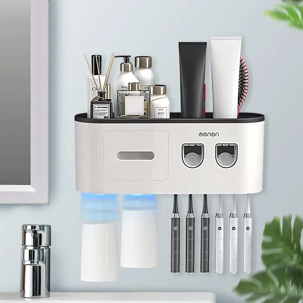 Acrylic Wall-Mounted Toothbrush Holder - Functional Bathroom Accessory with Auto Toothpaste Dispenser, 6 Brush Slots, 2 Cups, Cosmetic Drawer Organizer, and Large Tray