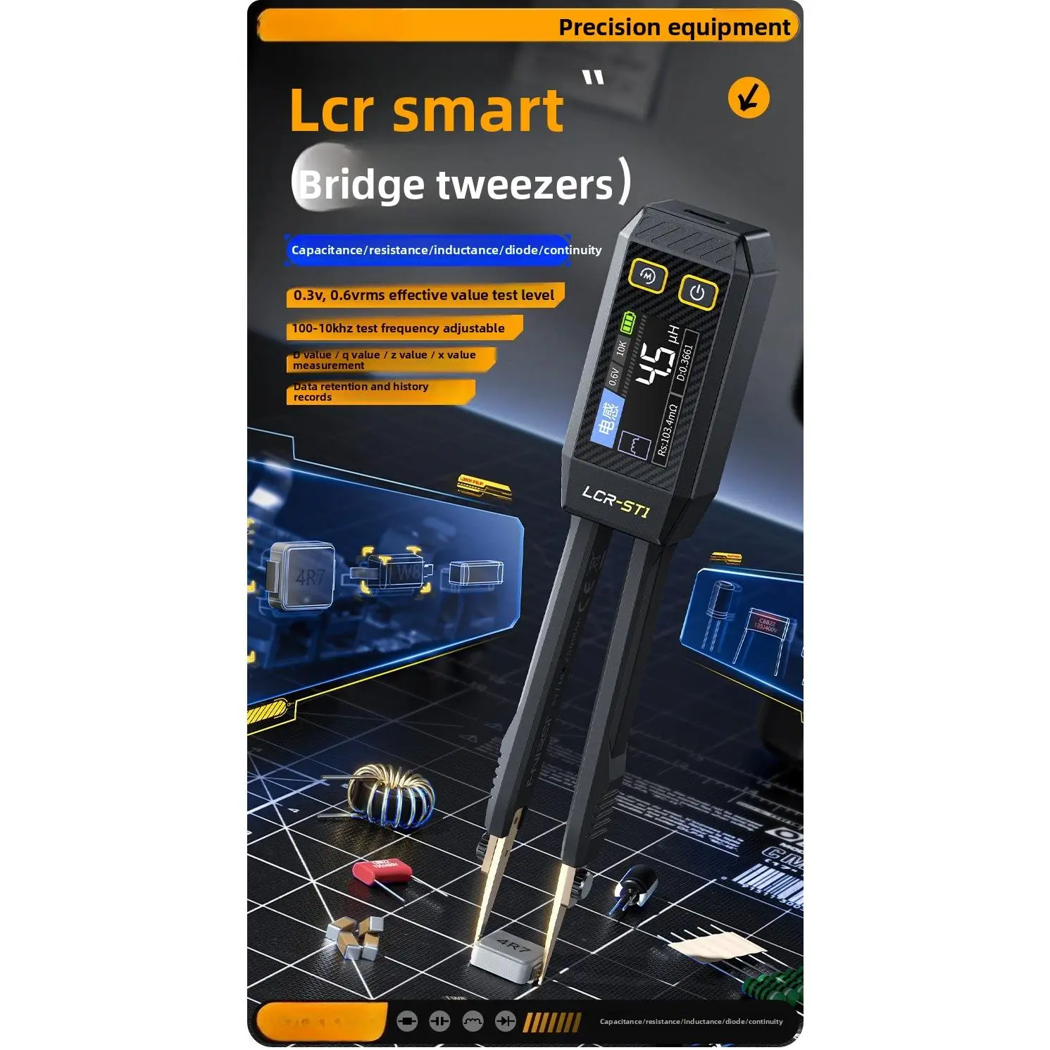 LCR-ST1 Digital Smart Tweezers LCR Bridge - High-Precision Multi-Measure Electrical Measuring Tool for SMD Component Test, Resistance, Capacitance, Inductance, Diode, ESR Measurement, Electronic Repair