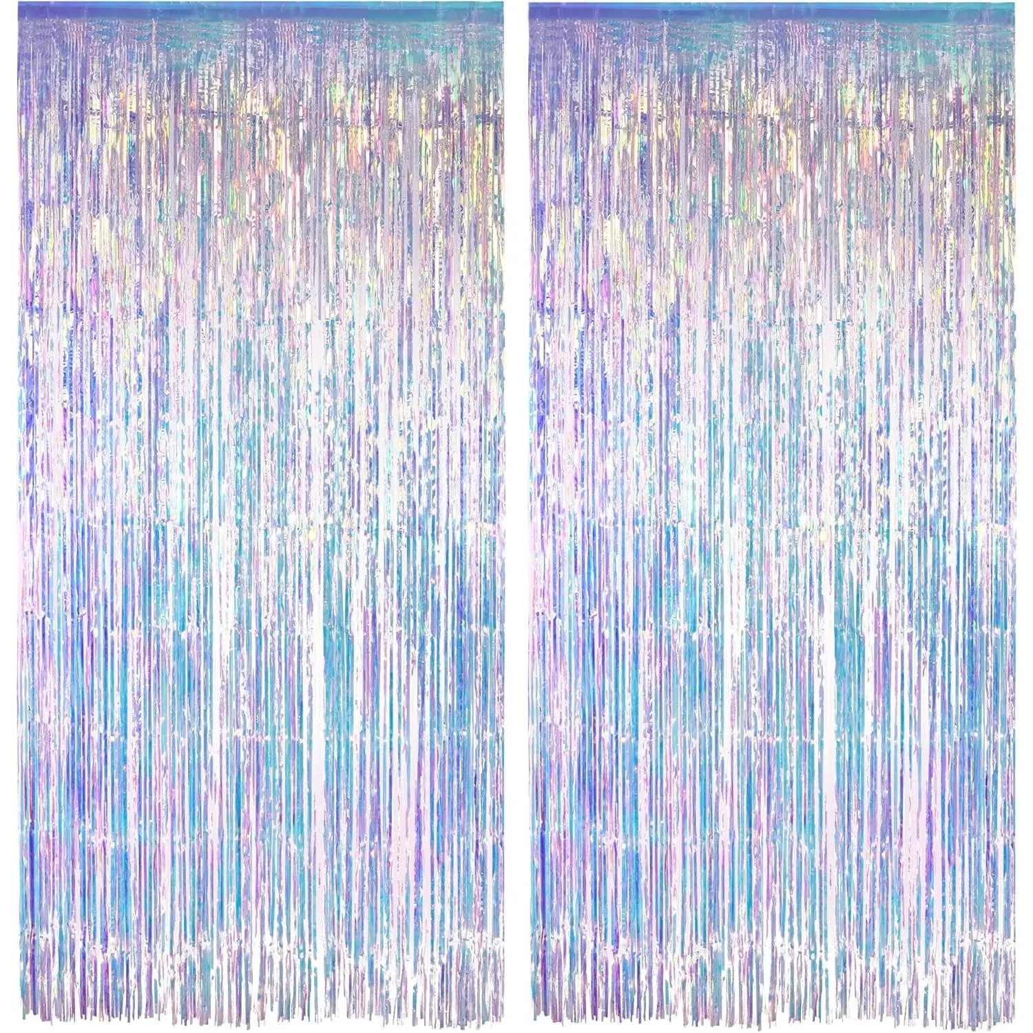 Iridescent Party Streamers Backdrop - Neon Transparent Holographic Tinsel Foil Fringe Curtain for Mermaid/Frozen/Sea/Euphoria/ERAS Party Theme Decorations, 3.2ft x 6.5ft, 2 Pack