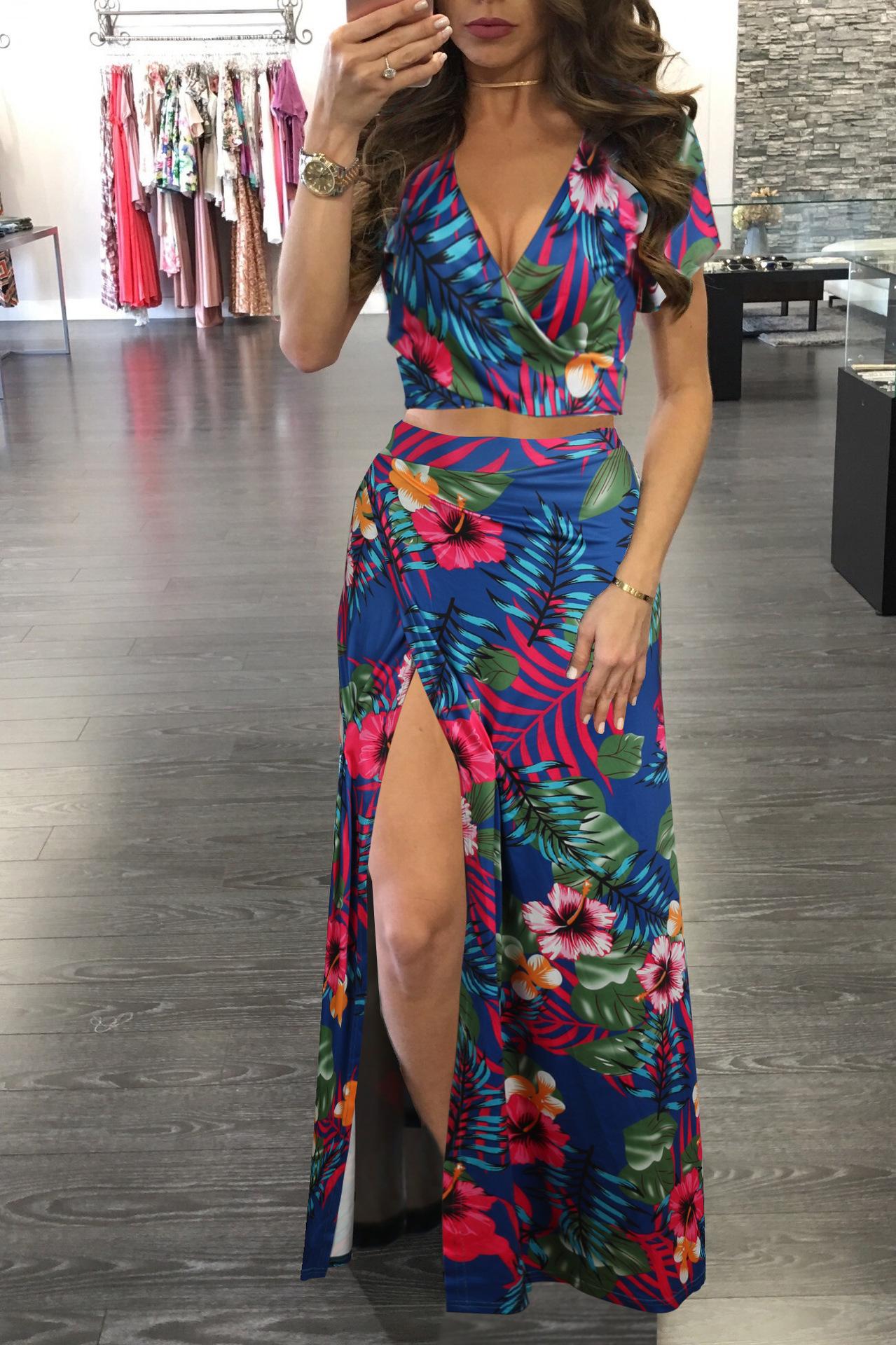 Women Floral Two Piece Maxi Dress Set Summer Vacation Outfits High Slit Long Skirt and V Neck Crop Top Sexy Beachwear Matching Set