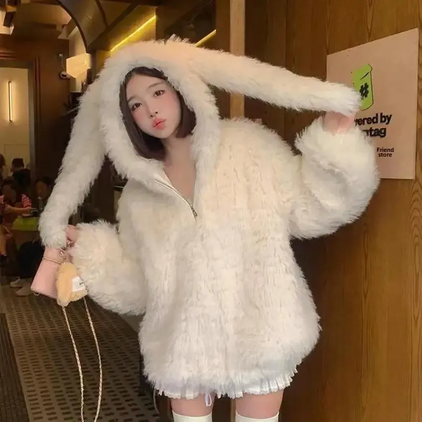 Cute Rabbit Ears Faux Fur Coat Women Thickened Loose Jacket  Autumn Winter New Arrival Warm Soft Outerwear