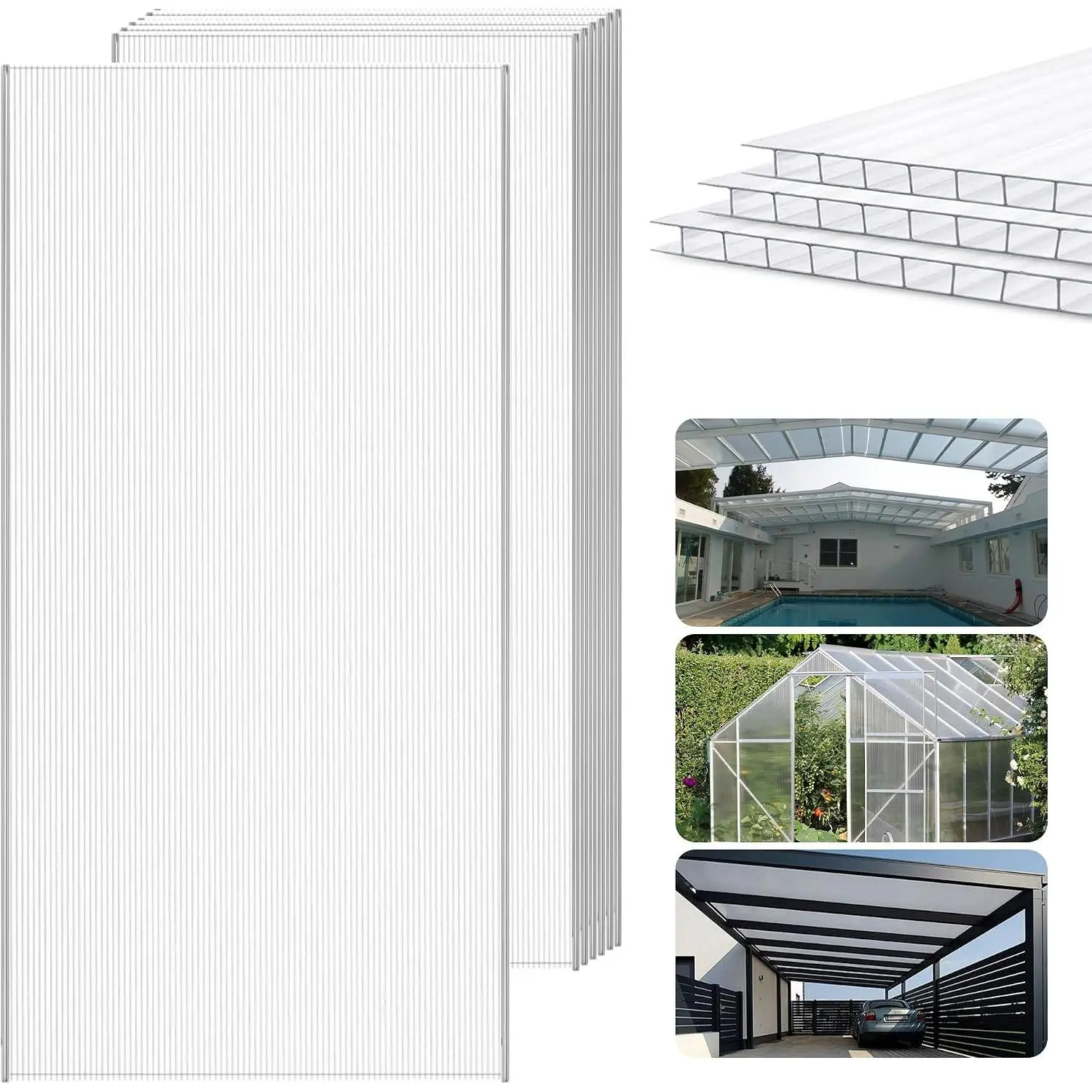 6 count Polycarbonate Greenhouse Panels,4' x 2' x 0.16'' -Wall Plastic roof Panels, UV Protected Clear Corrugated Polycarbonate Sheet for  Weather Outdoor Garden Greenhouse