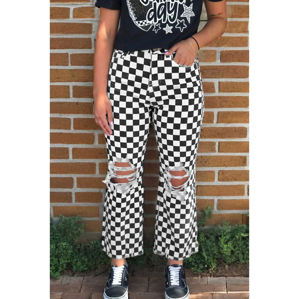 Women's Retro Black Checkerboard Print Jeans - Distressed Holes, Raw Edge, Cropped Bottoms, Fashionable Womenswear, Cropped Cut, Western Look